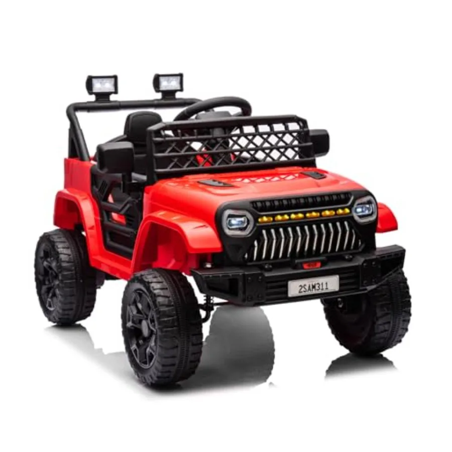 

ride-on truck for outdoor use, ABS plastic body, red color, 12V battery power with remote control, 4-wheel suspension, LED ligh