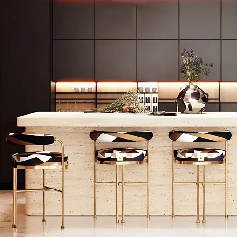 Luxury Modern Style Gold Bar Stools Bright Floral Fabric High Chair Bar Coffee Shop Restaurant Elegant Metal Chairs