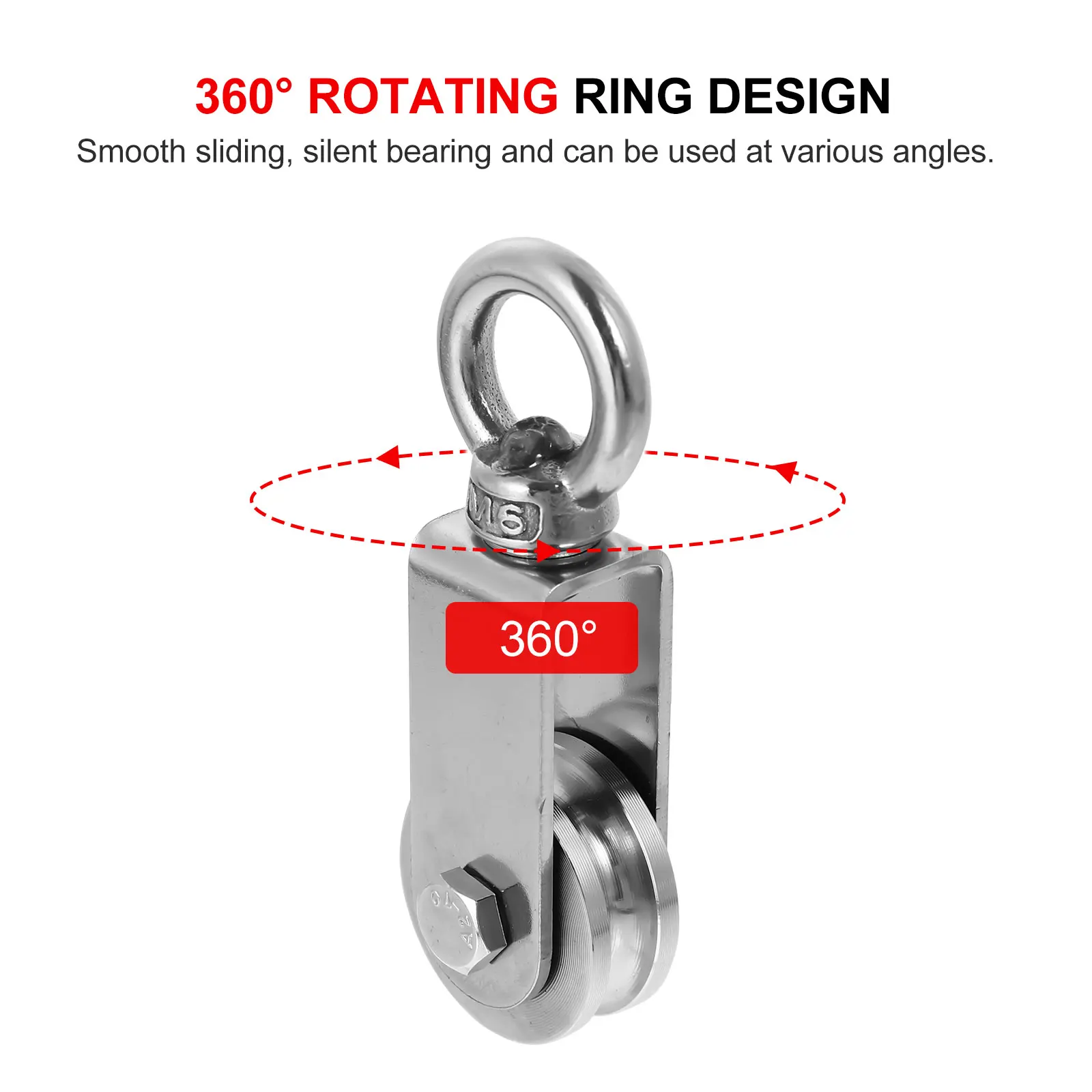 Ring Pulley Wear-Resistant 304 Stainless Steel Block Rope Track Cable U-Shaped 360 Degree Rotation Heavy Duty Traction Wheel