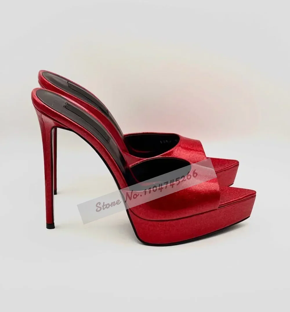 

Red Shiny Fluorescent Red Glitter High Heel Mules Stiletto Heels Platform Pointed Toe Modern Slippers Slip-On Elegant Sandals