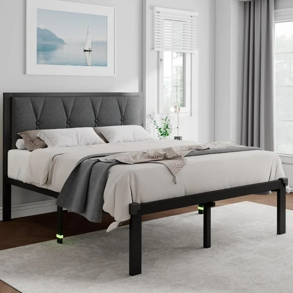 Queen Size Metal Bed Frame with Fabric Button Tufted Headboard, Platform Bed Frame with Heavy Duty Metal Slats, 12