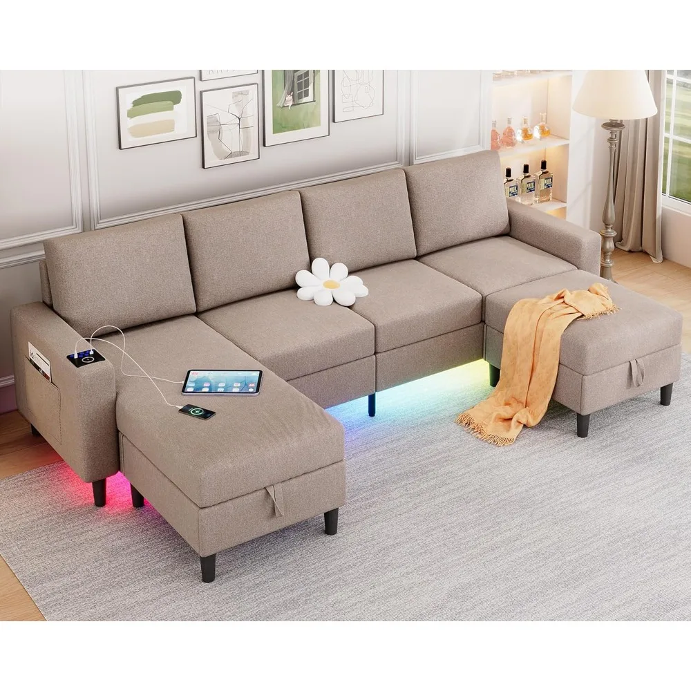 

U-образные секционные диваны для гостиной, 109-дюймовый льняной диван-облако с шезлонгом/пуфиком для хранения вещей, 4-местный секционный диван с