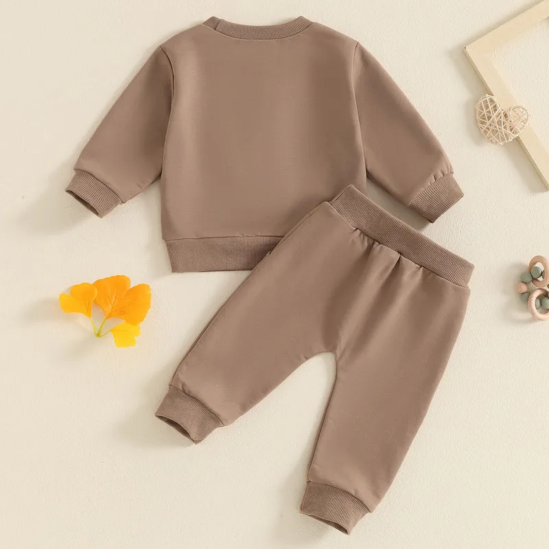 Newborn Baby Boy Pants Sets 2Pcs Fall Clothes Long Sleeve Goose Embroidery Pullover + Solid Pants Set Toddler Baby Clothing