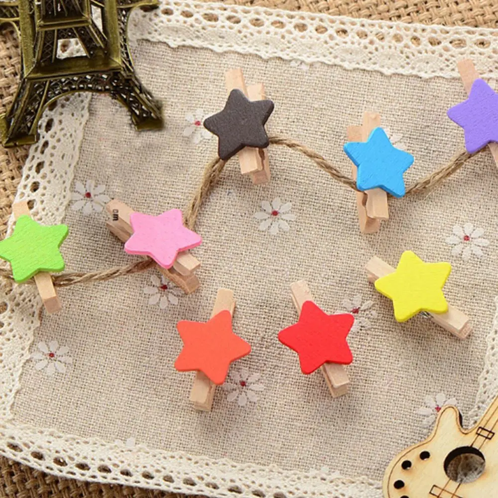 50Pcs Colored Star Mini Wooden Craft Clips Card Photo Paper Peg Pin Clothespin Home Wedding Decoration