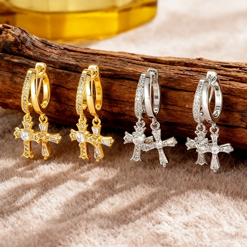 

Hip-hop Double Cross Earrings Pendant Copper Gold Plated With Zircon Unisex Simple Niche Ins Style All-match Ear Ring Ear Buckle