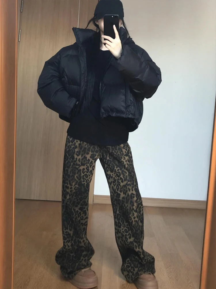 Damskie jeansy w stylu retro z amerykańskim wzorem w panterkę, na wiosnę i jesień, z szerokimi nogawkami, luźne, w małych rozmiarach, lekko rozszerzane, proste spodnie.