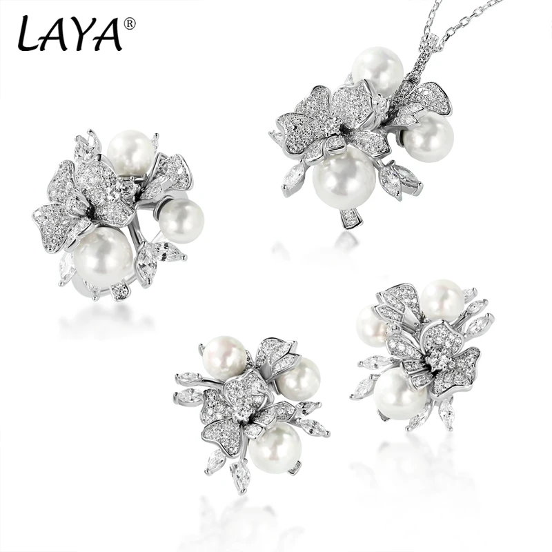 LAYA 925 Sterling Silver Shining Zircon Shell Pearl Earrings Ring Necklace Sets For Women Wedding Luxury Jewelry 2022 Trend