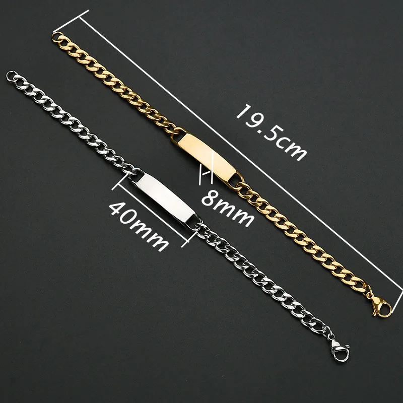 Akizoom Gold Color Punk Man Bracelets Stainless Steel Blank Bar Thick Cuban Chain For Women Father Couple Jewelry Birthday Gift