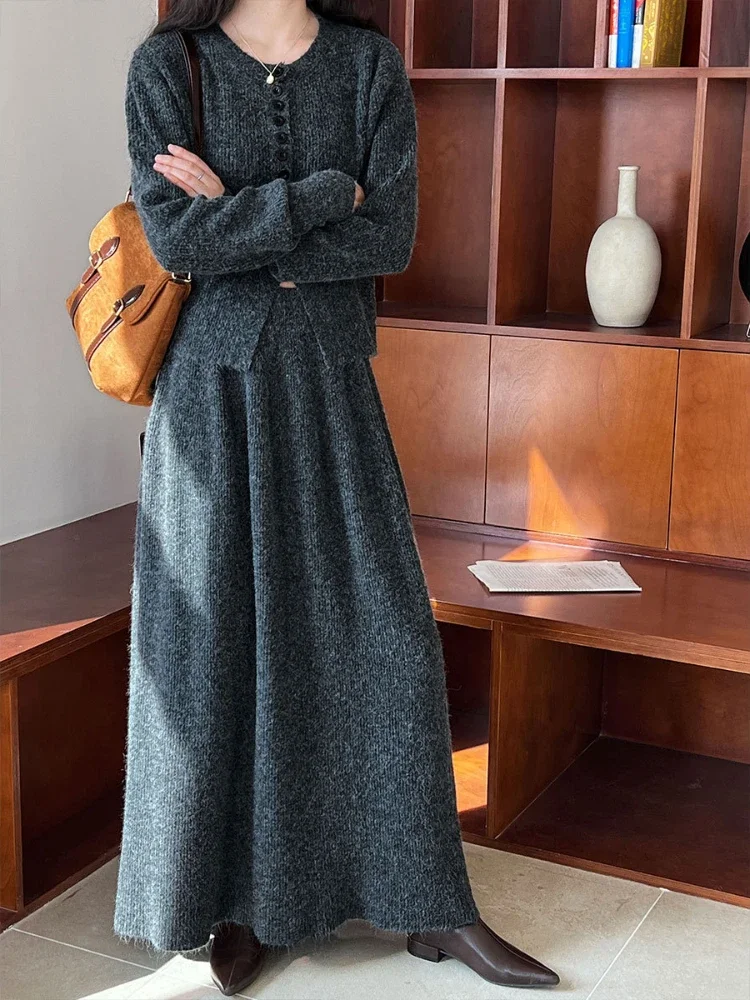 Autumn Vintage Elegant Solid Color Round Neck Single-breasted Knitted Half Skirt Two Piece Set Knitted Cardigan Half Skirt Suit