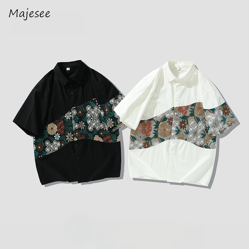 

Shirts Men Summer Patchwork Casual Print New Streetwear Harajuku Korean Style Fashion Half Sleeve Simple Youthful Cozy College