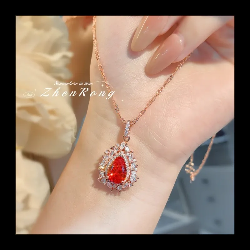 غروب الشمس البرتقالي فانتا الماس الكلاسيكية الأميرة ديانا قطرة الماء قلادة ضوء أزياء فاخرة بسيطة الصينية الأحمر عالية الكربون الماس #5