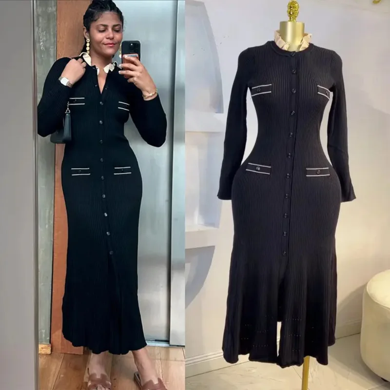 Retro Women Black Patchwork Knitted Dress Ruffle Neck Long Sleeve Single Breasted Autumn Winter Elegant Dress