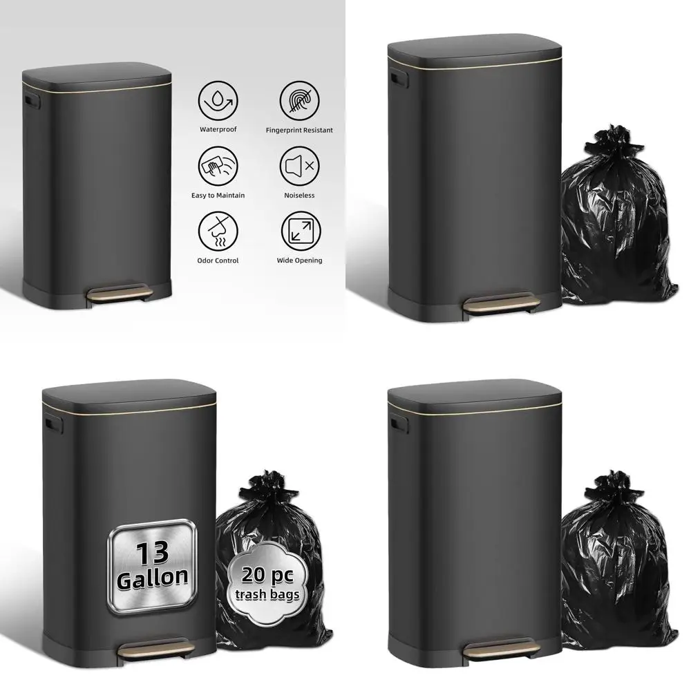 

50L Black Stainless Steel Trash Can with Soft-Close Lid, Fingerproof Finish, Hands-Free Operation, and Odor Control
