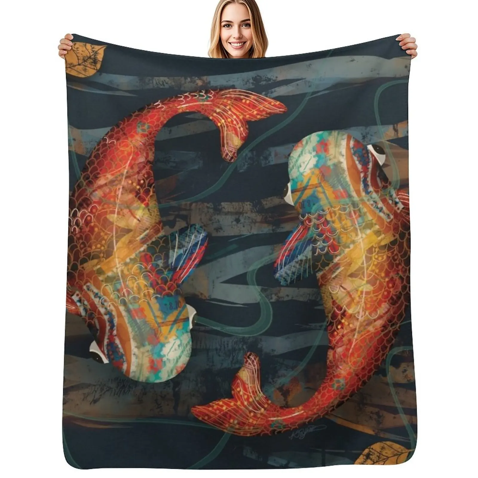 

Golden Koi Throw Blanket Retros Blankets For Bed Fashion Sofas anime Blankets
