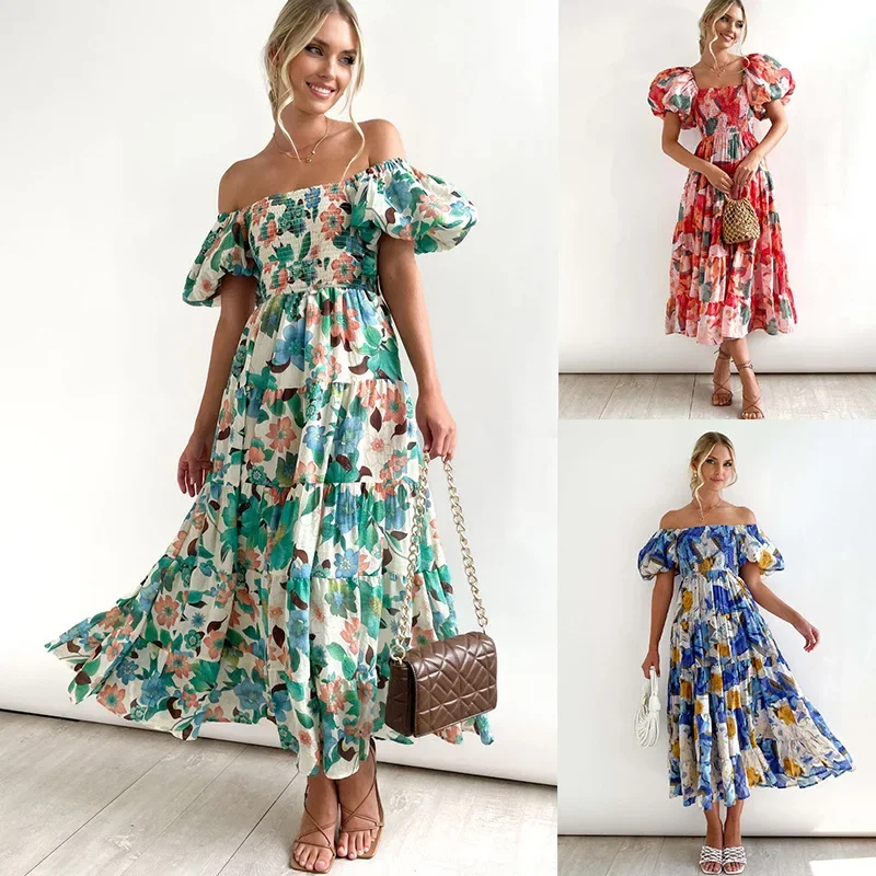 Summer Off Shoulder Lantern Sleeve Women Ruffles Party Female Fashion High Waist A Line Ins Casual Prairie Chic Vestidos Dress