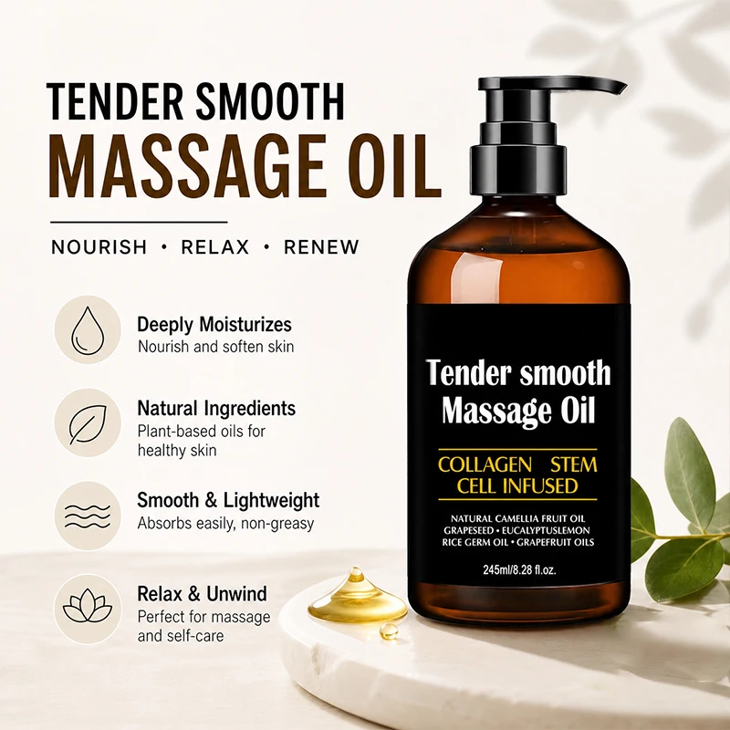 Amococo 2/3pcs Massage Oil Tender Smooth Body Massage Oil 60ml/245ml with Collagen Stem Cell Infused Formula Camellia Fruit Oil Grapeseed Oil Eucalyptus Oil Rice Germ Oil Grapefruit Oil Moisturizing Body Care Oil for Relaxing Massage Skin Care