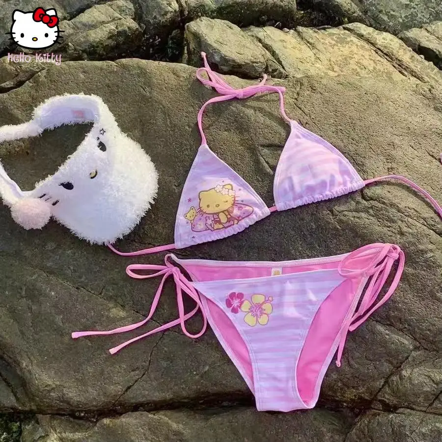 2 ชิ้น Y2K Hello Kitty Sanrio อะนิเมะสาวเซ็กซี่ร้อน Kitty ชุดชั้นใน Bra ผู้หญิงบิกินี่ชุดว่ายน้ํากางเกงชายหาดชายทะเลสปา