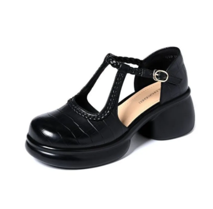Women Black Croc‑Embossed Mary Jane Sandals T‑Strap Buckle Cutout Design Platform Chunky Block Heel Closed Toe Daily Shoes view 5