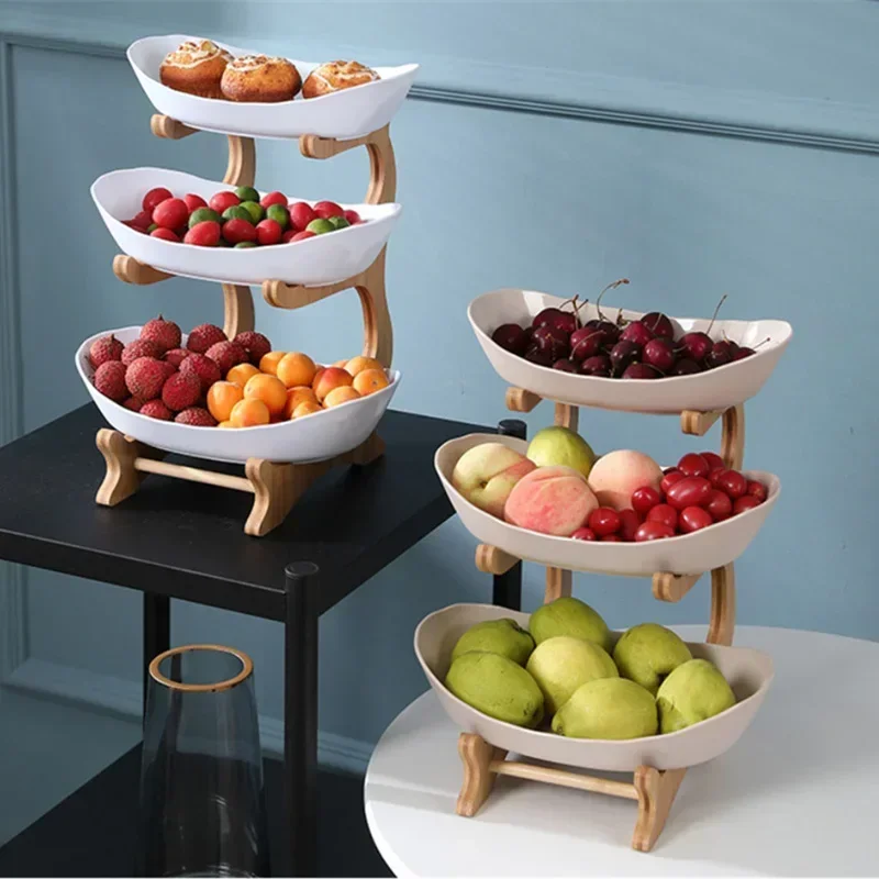 

Wooden Kitchen Fruit Bowl with Floors Partitioned Dish Candy Cake Trays Fruit Plate Salad Bowl 2/3 Layer Table Plates Dinnerware