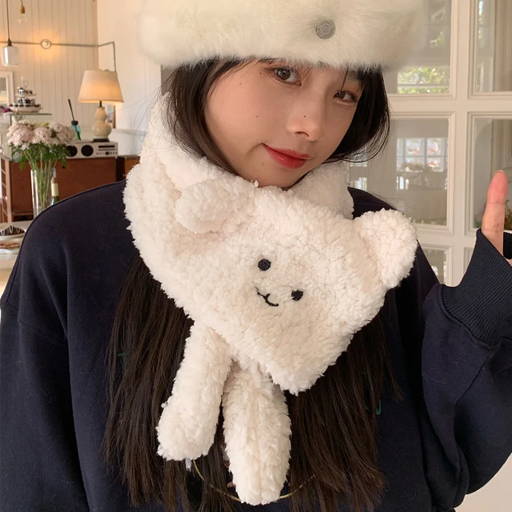 New Cashmere Ear Bear Scarf Winter Lamb Plush Warm Snood Cute Cartoon Korean Women Soild Color Scarves Girl Christmas Gifts