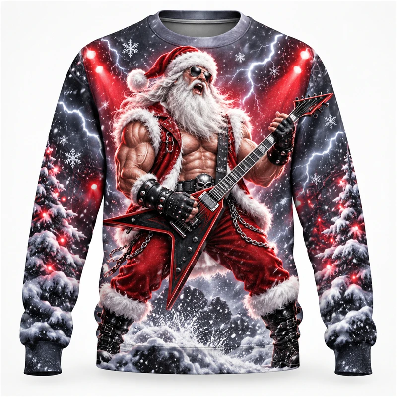 Muscular Rock Santa Guitar Unisex 3D Print Ugly Christmas Sweatshirt Long Sleeve Pullover New Fall  Holiday Y2k Tops