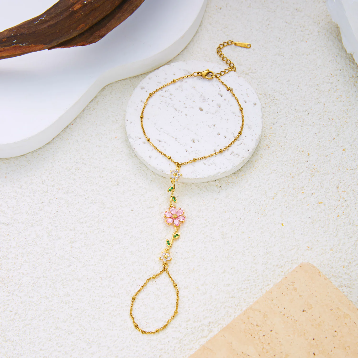 Rosa Zirkonia Edelstahl Fingerkette Armband für Damen, vergoldet, CZ Blumen Handkette, Party Hochzeit Schmuck Geschenk – Detail 8