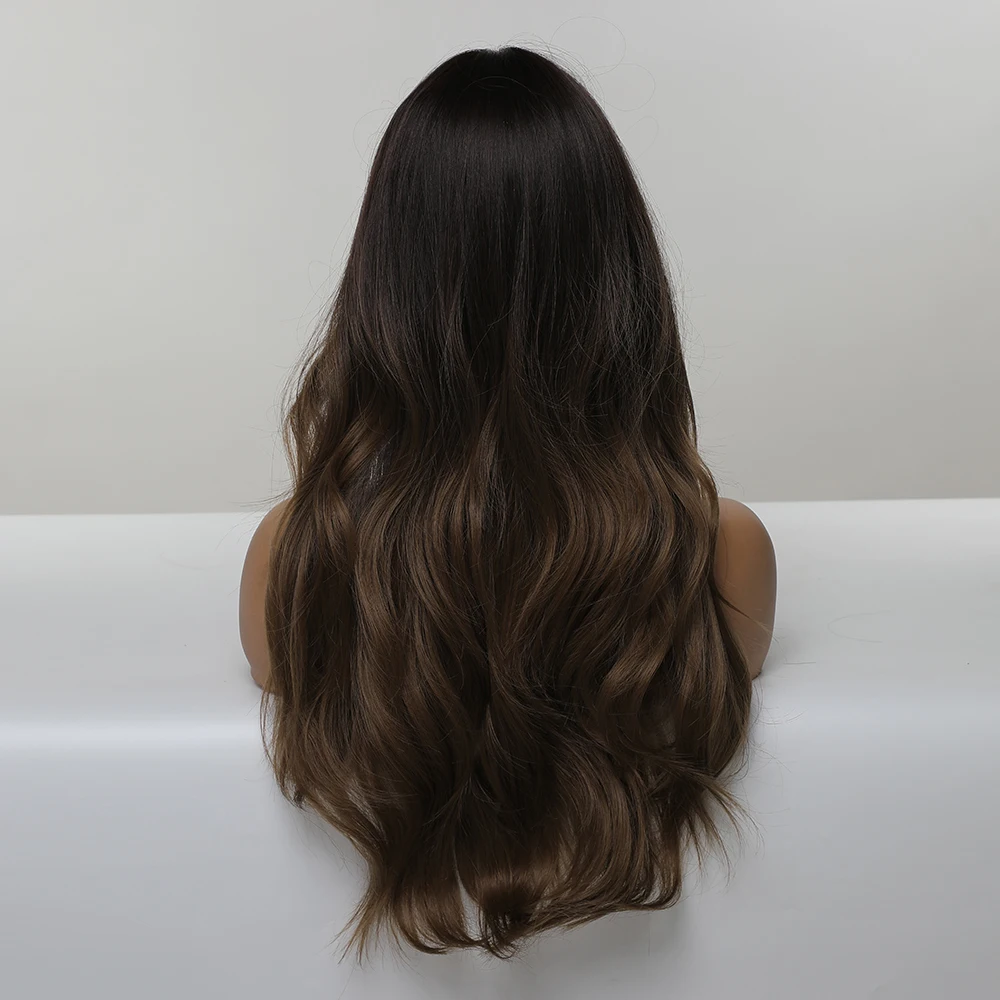 Emmor-Perruque Synthétique Longue Ondulée avec Frange pour Femme, Fibre Haute Température, Ombre Naturelle, Marron à Blond Foncé