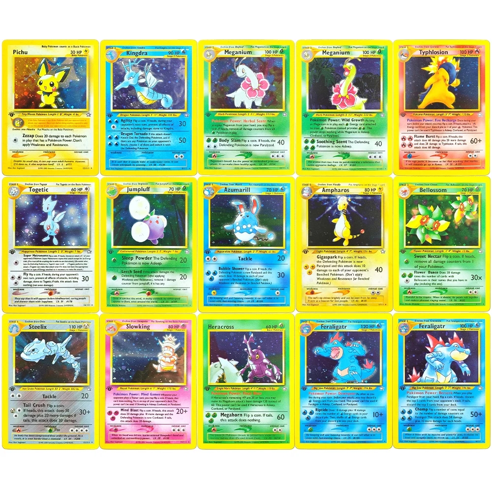 Cartões pokémon Porxy Neo Genesis 1a edição Lugia Typhlosion Feraligatr Meganium Pichu 9/111Holo Cartão de coleção de jogos em inglês