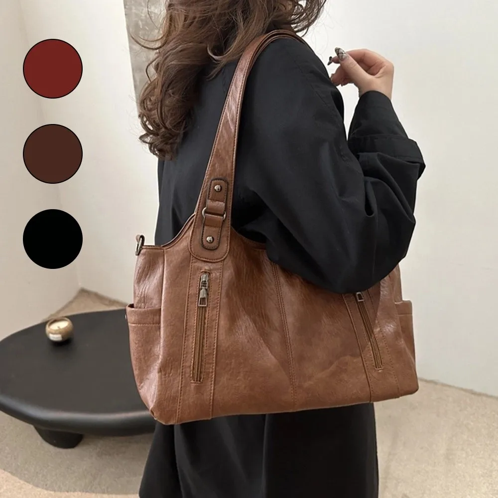 

Casual Retro PU Shoulder Bag Locomotive Style Soft Commuting Handbag Solid Color Large Capacity Underarm Tote Bag Daily