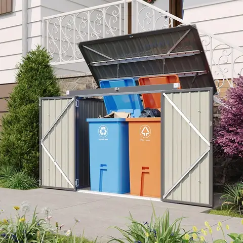 80 CU.FT Outdoor Storage Shed Metal Trash Can Storage With Chain Lid Waterproof Outdoor Garbage Can Organizer