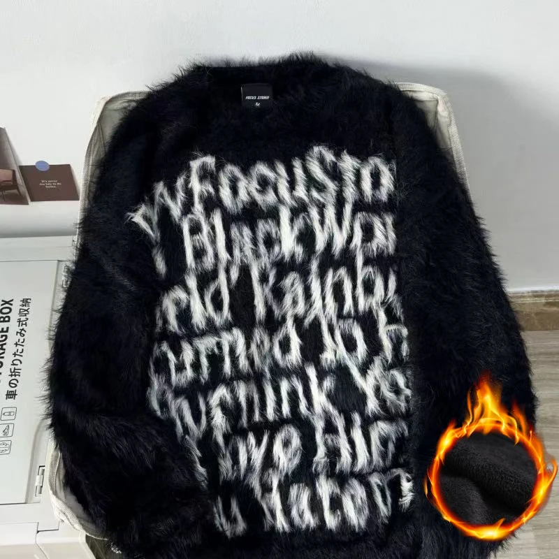 

Утепленный вязаный свитер унисекс с вышивкой букв и отделкой из арктического меха, повседневный свободный крой