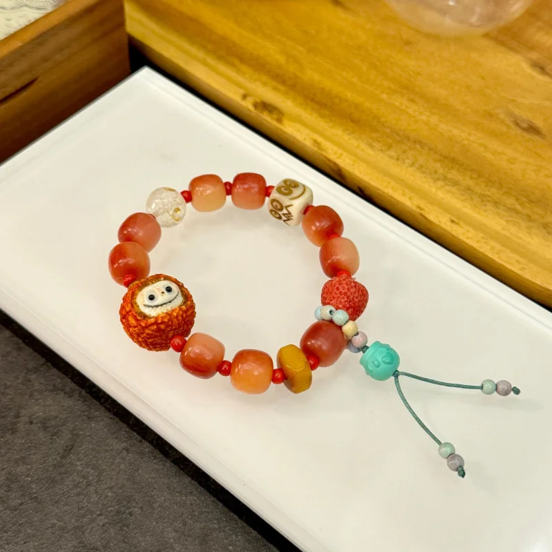 

Bone Half Blood Bucket Beads with Antler Lychee Labubu Braided Rope Pendant Bracelet Accessories