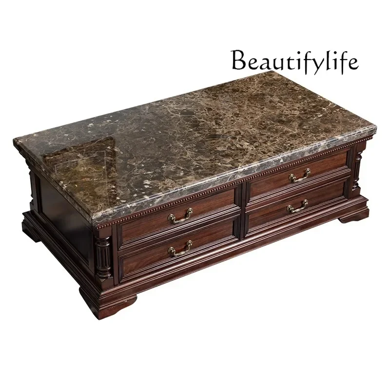 

Marble coffee table all solid wood American retro luxury with drawers storage rectangular locker