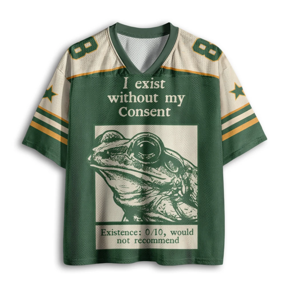 Vintage Retro Frog Existential Humor Slogan Print Green Cream Color Block Mesh V Neck Loose Football Jersey T-shirt