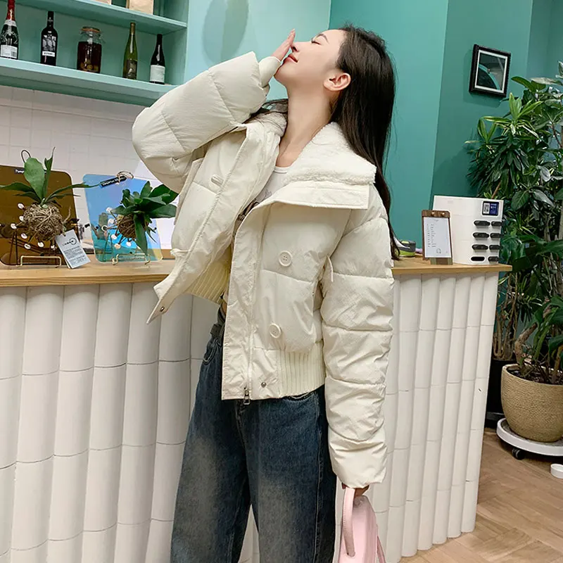 Korean Winter Cotton-Padded Jacket Women Vintage Long Sleeve Sheep Wool Lapel Short Coat Autumn Elegant Overcoat Outerwear 2023