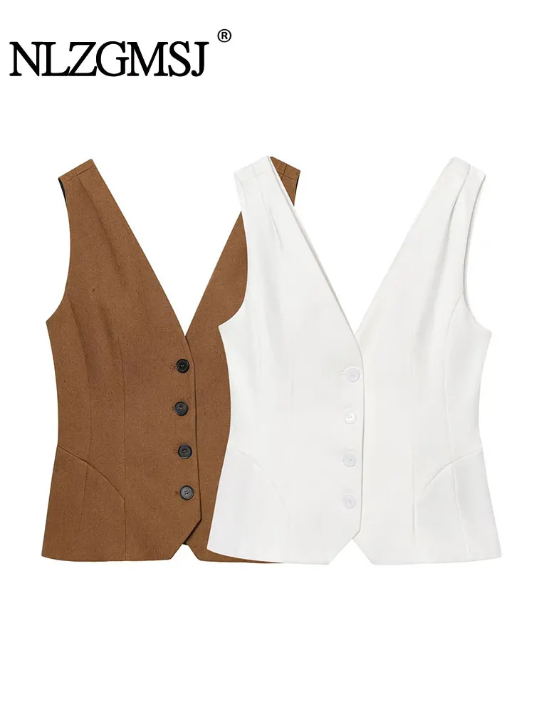 

2025 Summer Chic Casual Women Solid Tops V-Neck Single Breasted Sleeveless Vest Fashion Tops