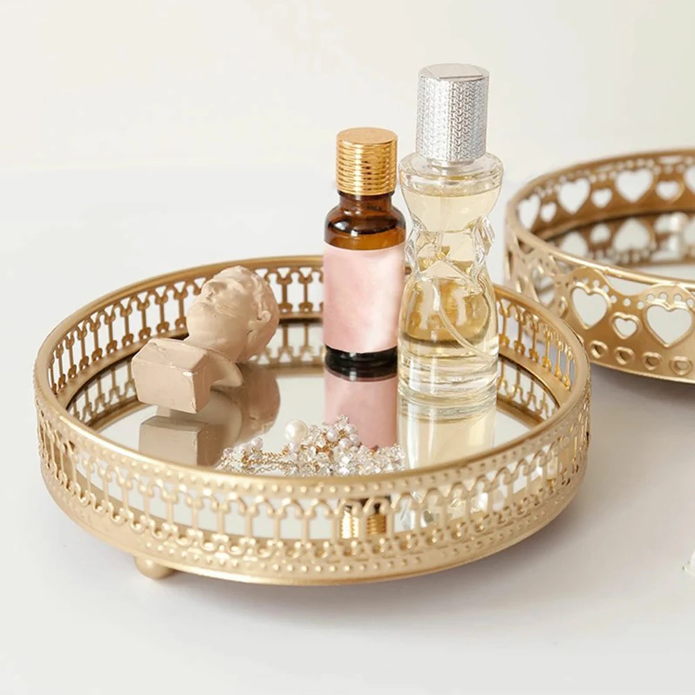 

Golden Color Delicate Jewelry Storage Tray Glass Mirror Base Bedroom Desktop Perfume Box Cosmetic Decorative 1Pc