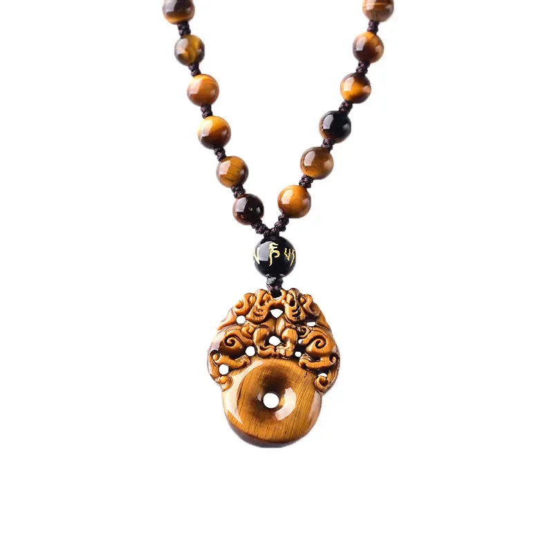 Natural Tiger Eye Double Pixiu Donut Pendant Necklace Men Women Tiger Eye Crystal Healing Stone Wealth Brave Troops Lucky Amulet