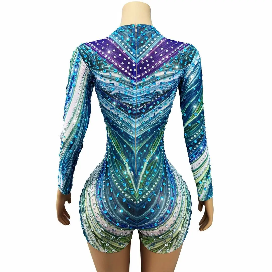 Lanshuichuan Luxury Symmetric Vertical Rhinestone Line Blue Green Gradient Mesh Catsuit Long Sleeve High Neck Singer Outfit