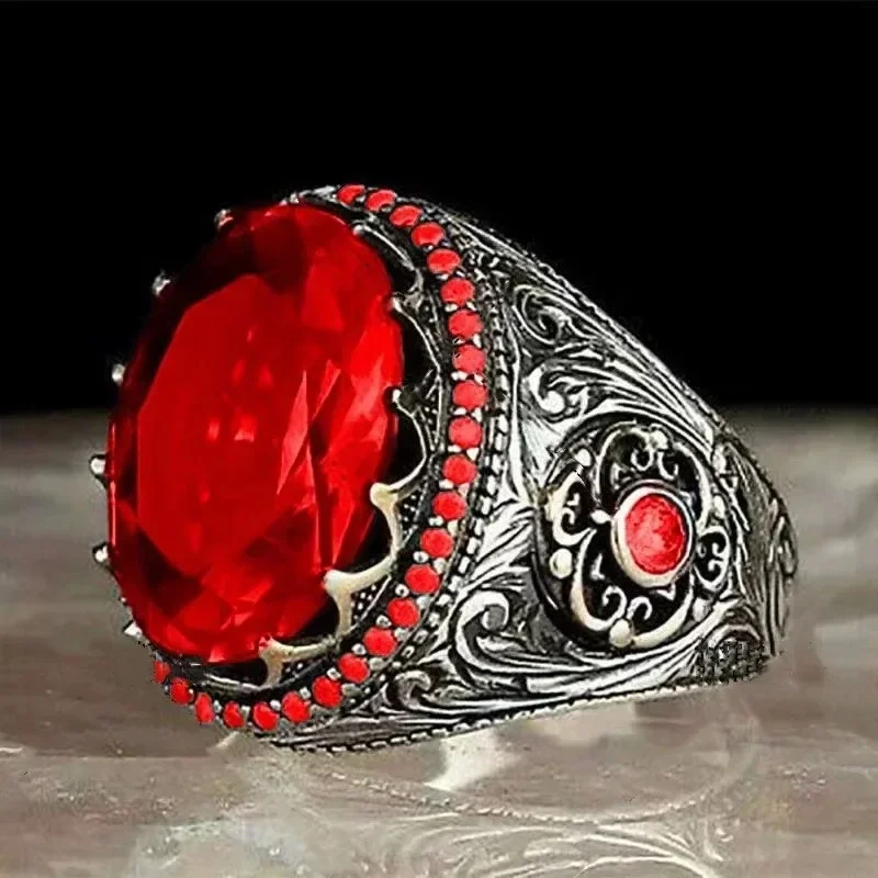 2025 New Inlaid Red Emerald Men\'s Ring Turkey Retro Domineering Personality Ring To Attend The Banquet High-quality Jewelry