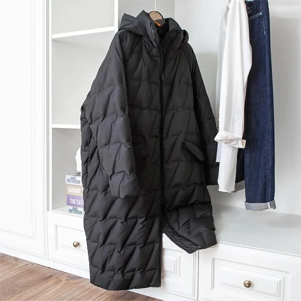 Pato branco para baixo casaco feminino 2025 novo outono inverno roupas femininas longo com capuz puffer jaqueta senhora moda lazer solto casaco quente