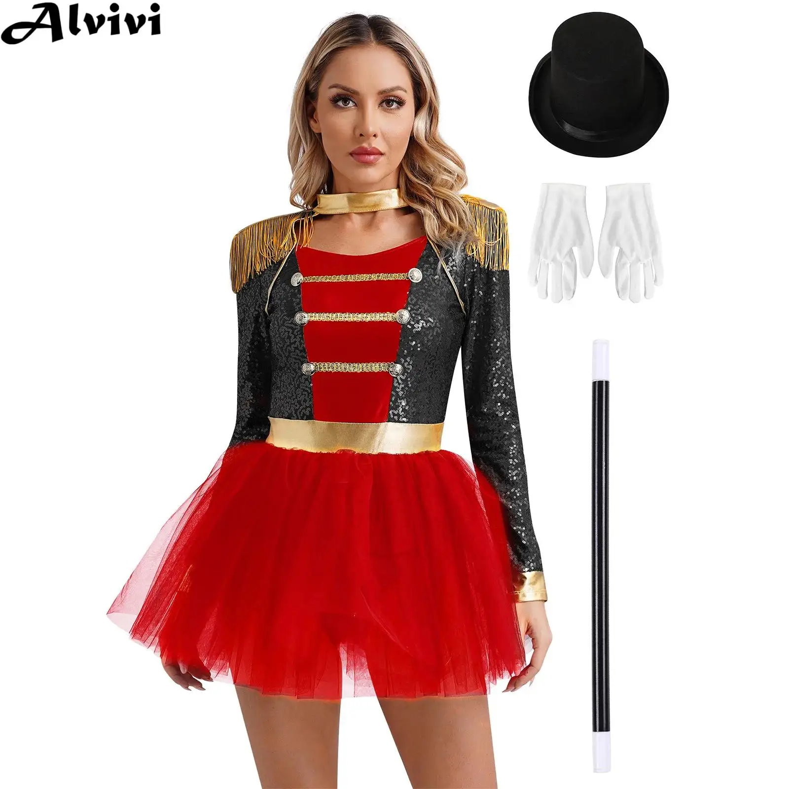 

Women Long Sleeve Leotard Dress with Hat Gloves Magic Wand Halloween Carnival Magician Circus Ringmaster Clown Cosplay Costume