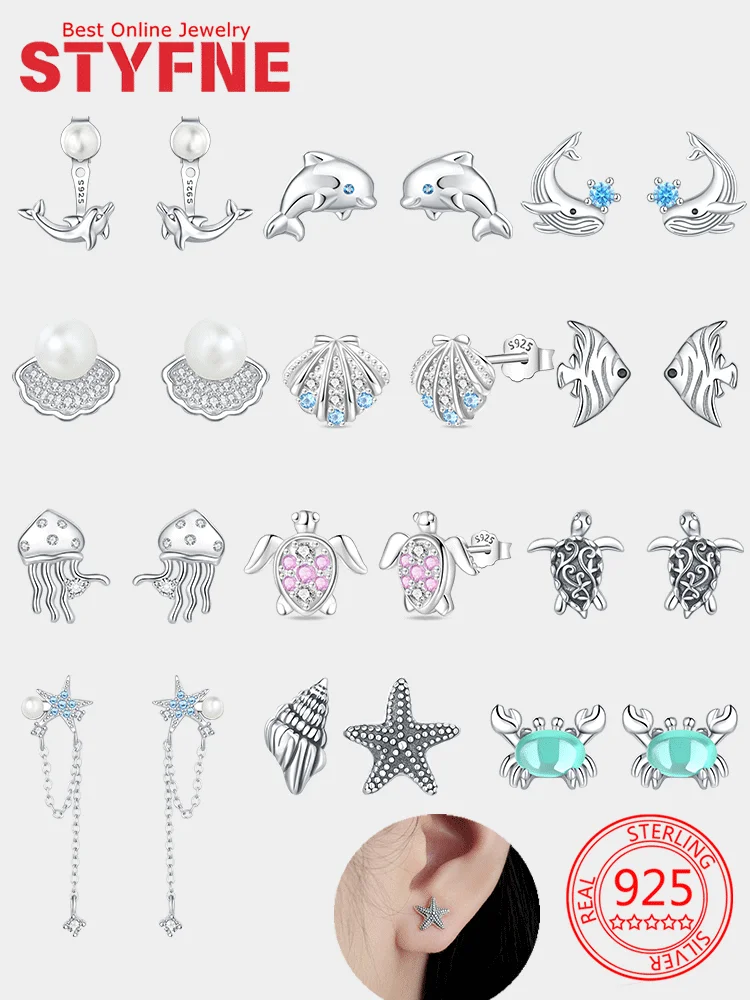 

925 Silver Women's Earrings Summer Blue Starfish Pearl Dolphin turtle Earrings Women's Earrings Girls Exquisite Jewelry