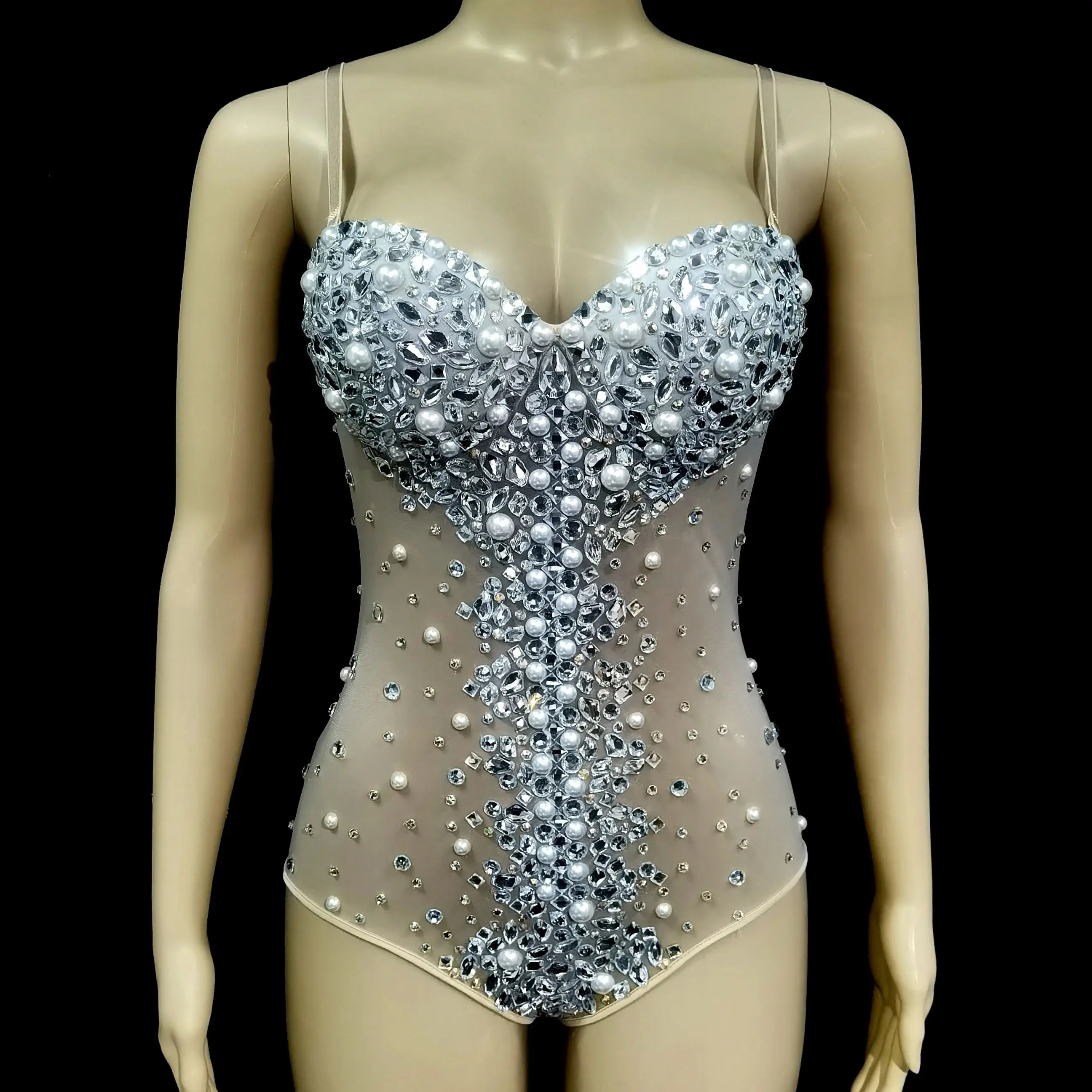 

Sparkly Silver Crystals Leotard Sexy MeshClub Outfit Celebrate Female Singer DiRhinestones Bodysuit Dance Costume StageWear