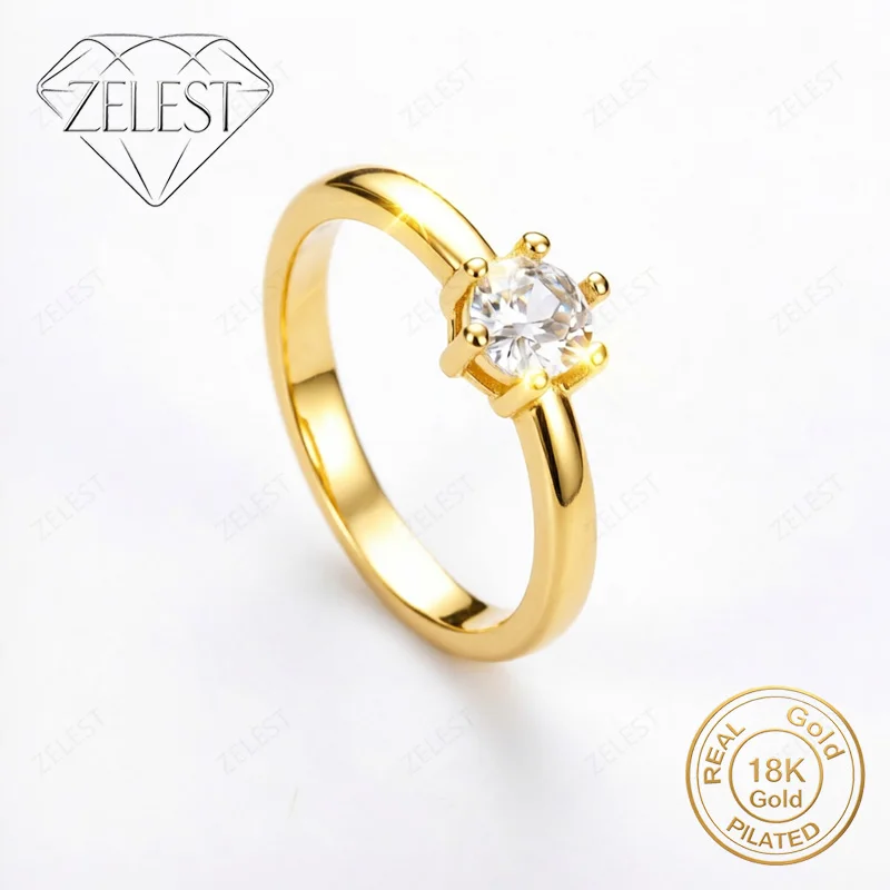 Anel de Zircônia Exquisito e Simples em Prata Esterlina 925 com Revestimento em Ouro 18K para Mulheres, Acessórios de Joias para Presentes de Festa