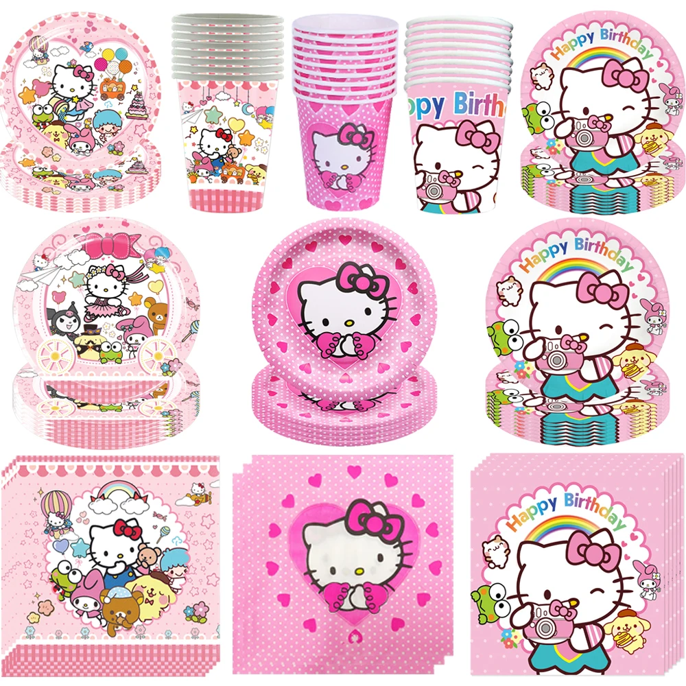 Hello Kitty Theme Birthday Party Decoration Disposable Tableware Plate Tablecloth Gift Bag Baby Shower Kids Girls Party Supplies