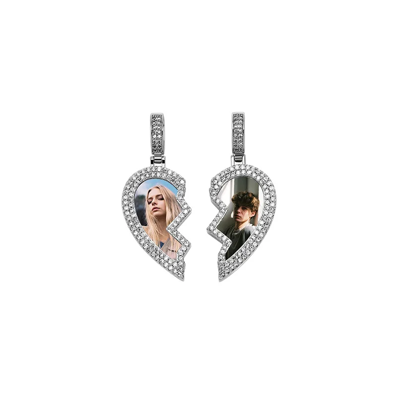 Magnetic Broken Heart Couple DIY Photo Pendant Necklace Iced Out Hip Hop Split Locket Necklace Unisex Fashion Jewelry Wholesale