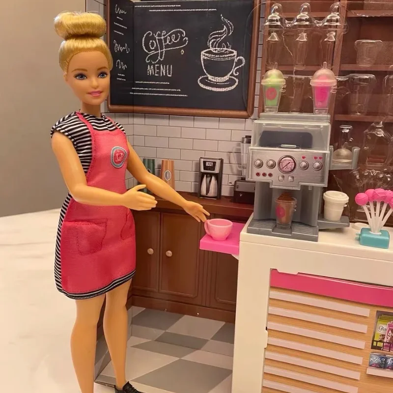 Genuine Barbie Doll Coffee Shop Set For Children Professional Fashion Playset Birthday Gift For Girls Career Experience Toy Gift