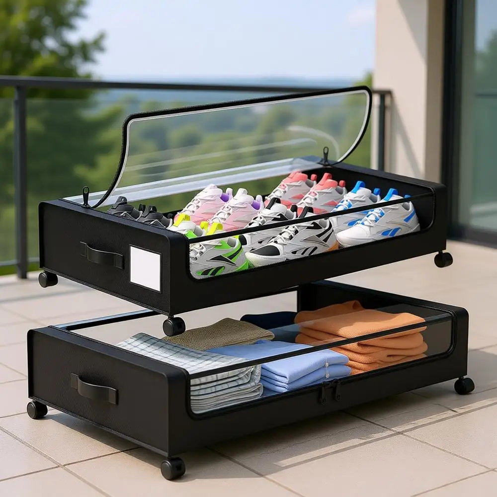 

Under Bed Storage with Wheels, 2-Pack Containers, Clear Lids, Shoe Organizer, Rolling Bins for Clothes Shoes Blankets (Black)