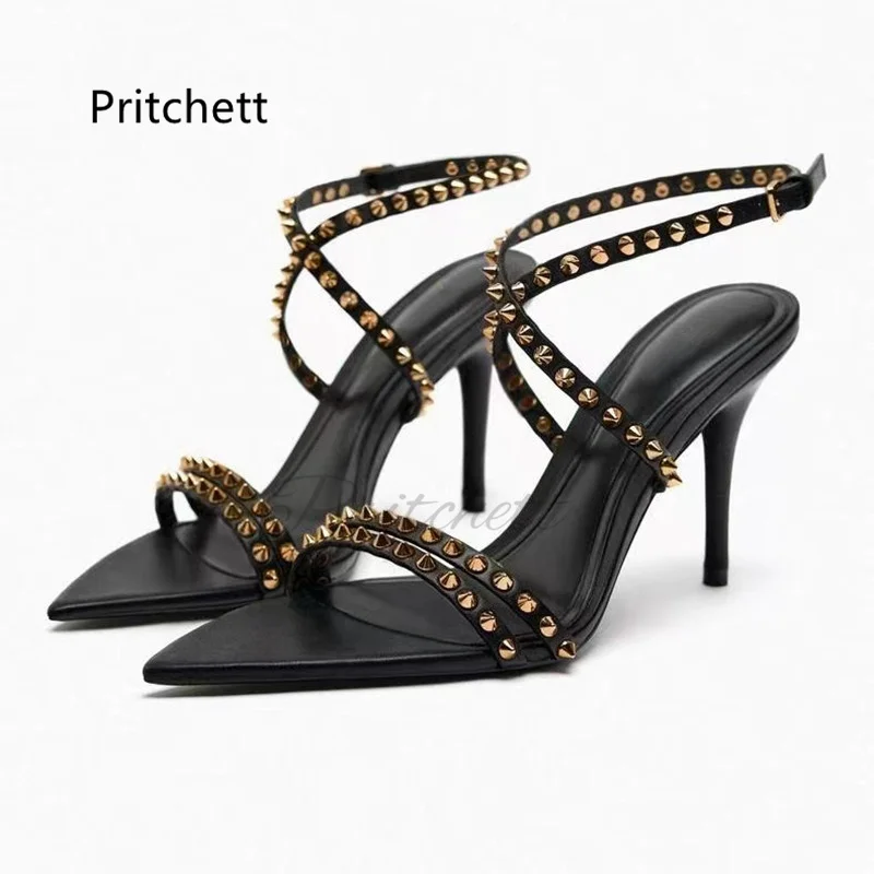 

Sexy Pointy Rivet Thin High Heels Sandals for Woman Punk Cross Buckle Strap Summer Shoes Open Toe Dress Party Wedding Shoes